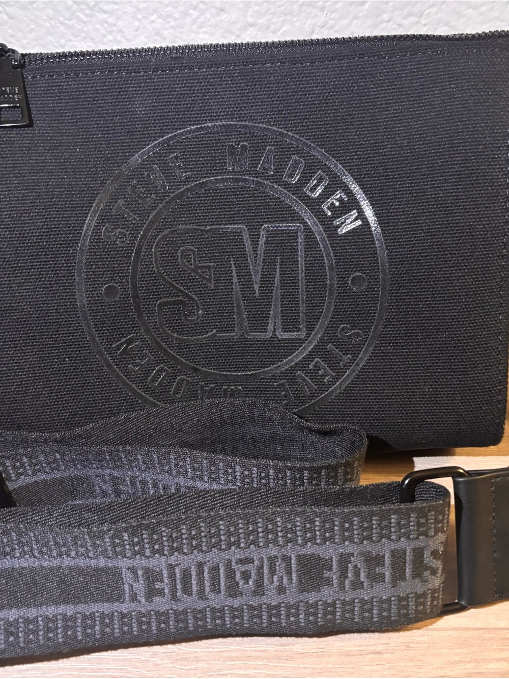Steve Madden Black Logo Belt Bag with Branded Web Strap